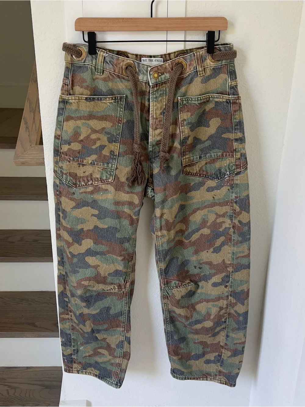 Free People Moxie Printed Low-Slung Barrel Jeans in Camo Moss Green